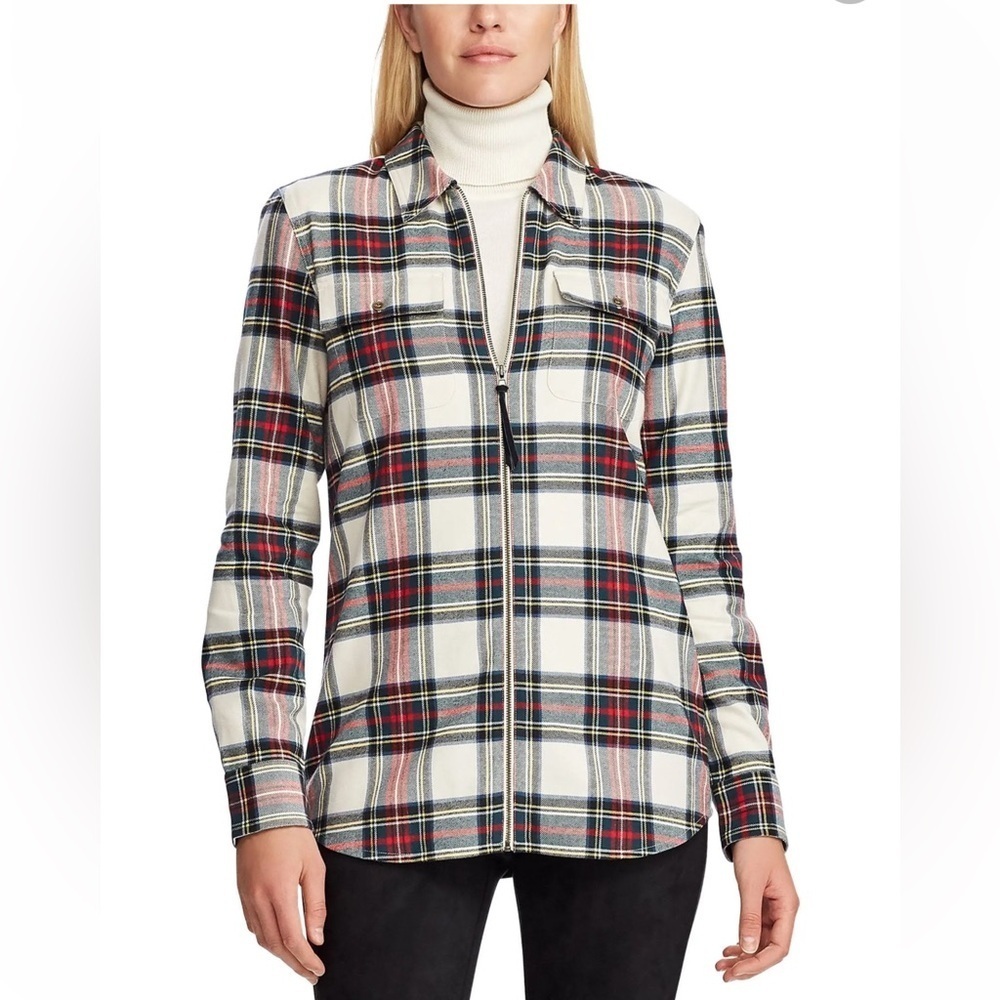 Chaps Cream Tartan Plaid Zip Front Flannel Shirt Size Petite Medium